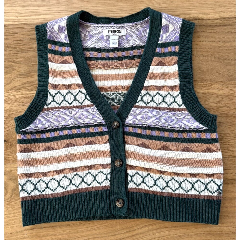 RSQ Tilly's Fair Isle Button Front Sweater Vest M Geometric Cottagecore Indie